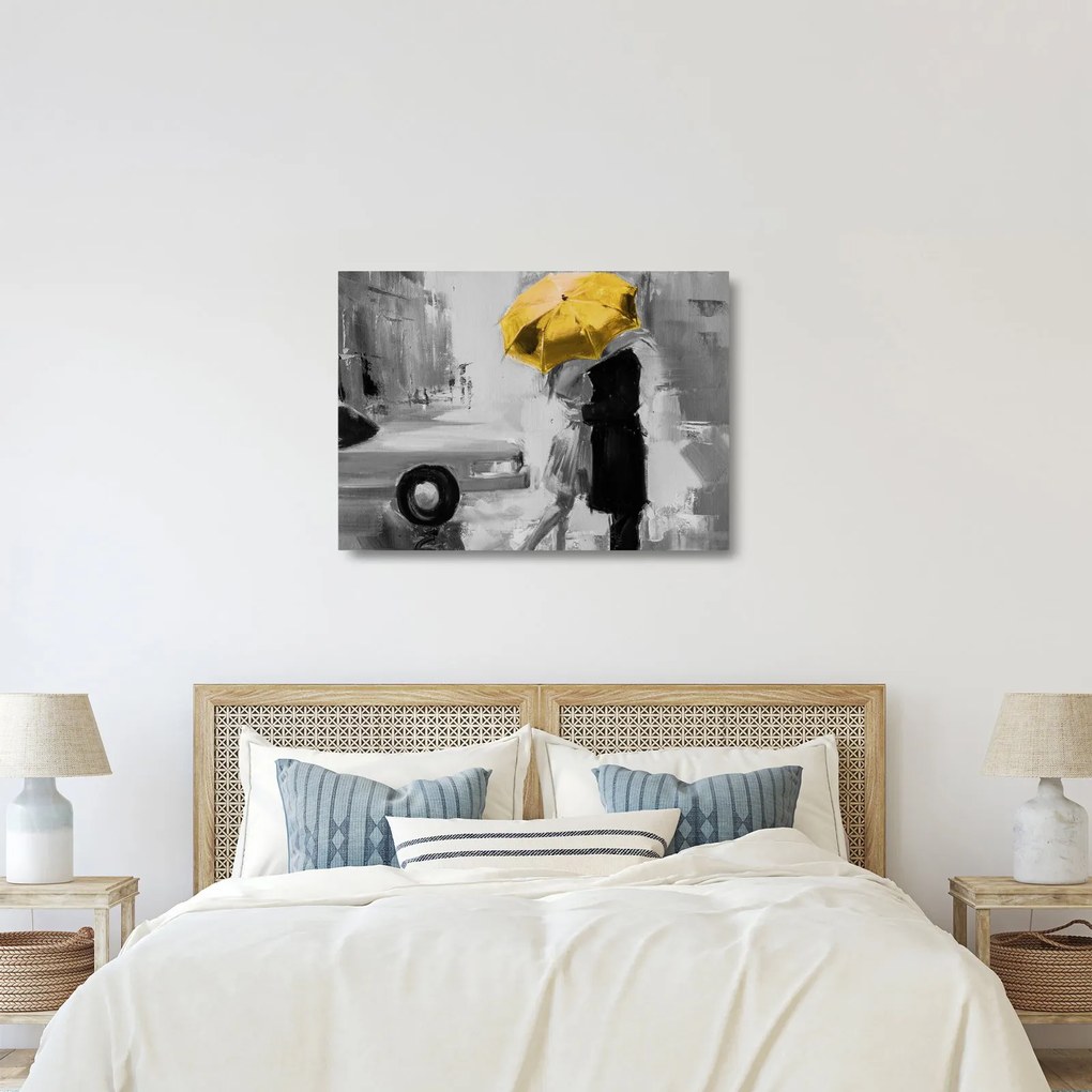 Üveg kép - Szerelmespár egy esernyő alatt, sárga (70x50 cm)