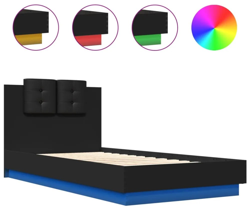 fekete ágykeret fejtámlával és LED-világítással 75 x 190 cm