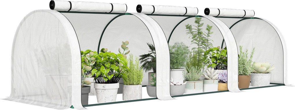 Outsunny mini kertészeti alagútszerű üvegház paradicsomhoz 3 x 1 x 0,8 m, porfestett acélváz, 140 g/m² UV-álló PE, 3 feltekerhető cipzáras ajtó (fehér