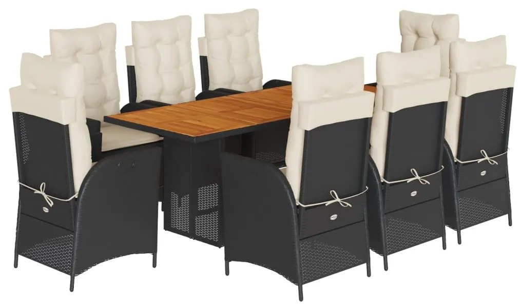 9 részes fekete polyrattan kerti étkezőgarnitúra párnákkal