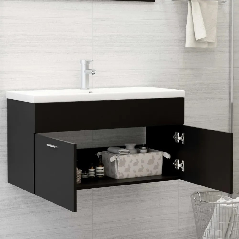 fekete szerelt fa mosdószekrény 90 x 38,5 x 46 cm