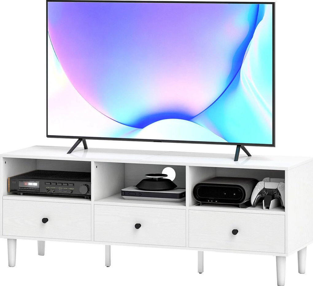 HOMCOM Modern TV Állvány - TV Állvány Nappaliba 3 Nyitott Rekesszel, 3 Fiókkal és Kábelnyílással 45/55/65 Inch TV-hez 120x34x45 cm Fehér | Aosom