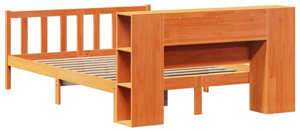 barna tömör fenyőfa könyvespolcos ágy matrac nélkül 140 x 190cm