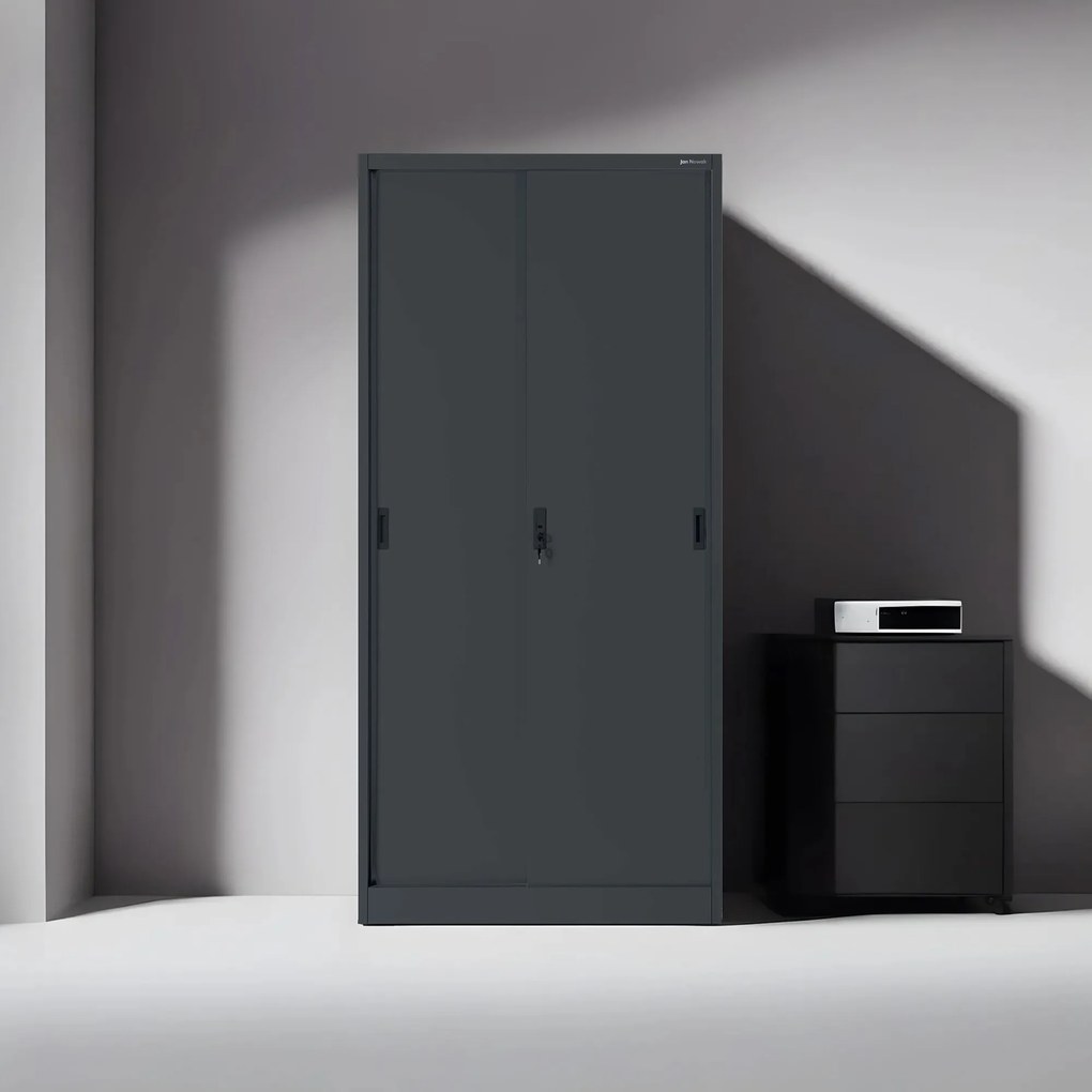 Fém irodai szekrény tolóajtókkal KUBA, 900 x 1850 x 400 mm, antracitszürke