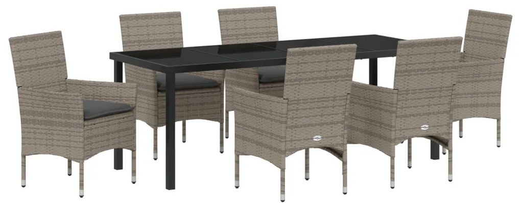 7 Részes Kerti Étkezőszett Párnákkal Szürke Poli Rattan, Kerti Asztal Fekete 200x80x73 cm Edzett Üveg
