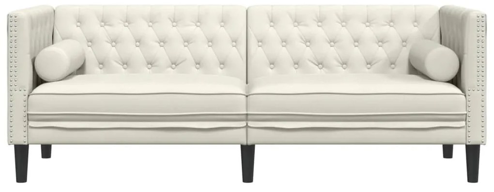 3 személyes krémszínű bársony Chesterfield kanapé párnákkal