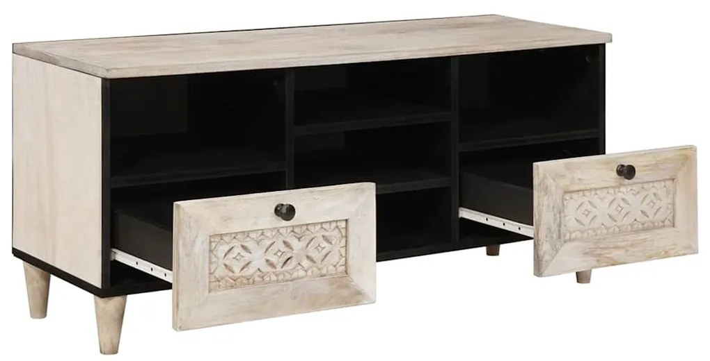 TV szekrény fiókkal Fehér 100 x 33 x 46 cm tömör mangófa