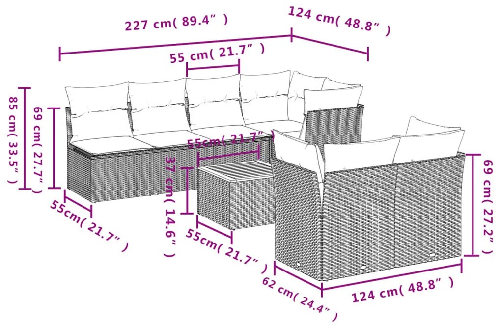 8 részes bézs polyrattan kerti ülőgarnitúra párnával