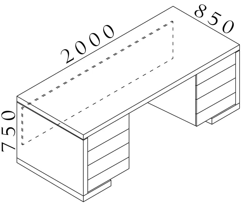 Lineart asztal 200 x 85 cm + 2x konténer, bodza sötét / fehér