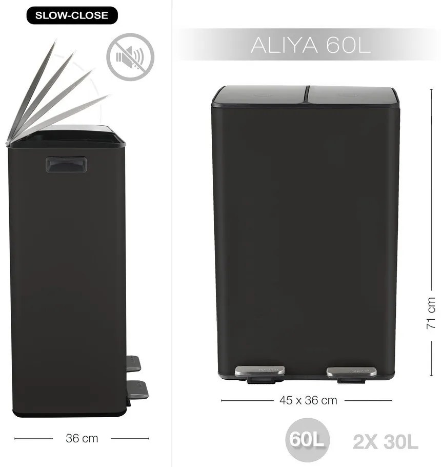 Matt fekete acél szelektív pedálos szemetes 2x30 l Aliya – Spirella