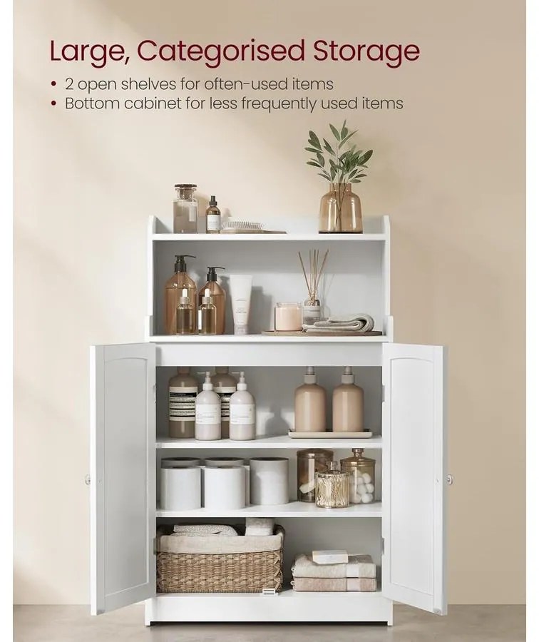 Fürdőszobai szekrény, tároló egység 2 ajtóval, 2 állítható polccal, fehér