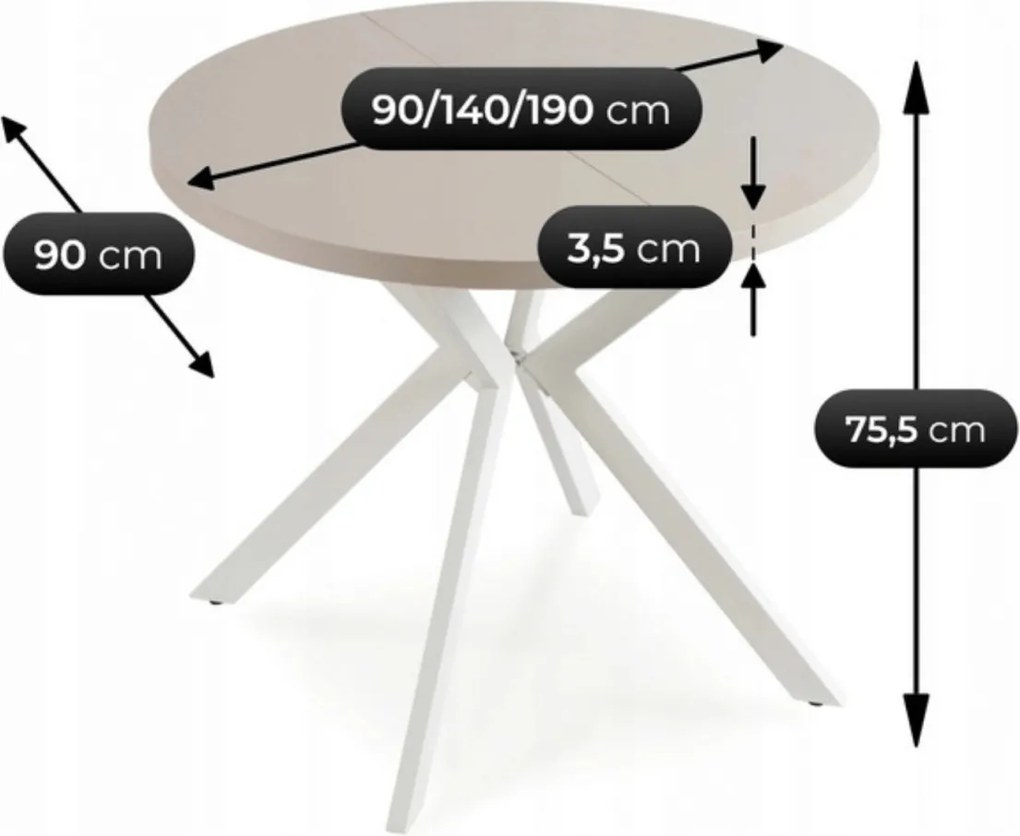 Kihúzható étkezőasztal 90–190 cm méretben, kasmír/fehér színben LUGO