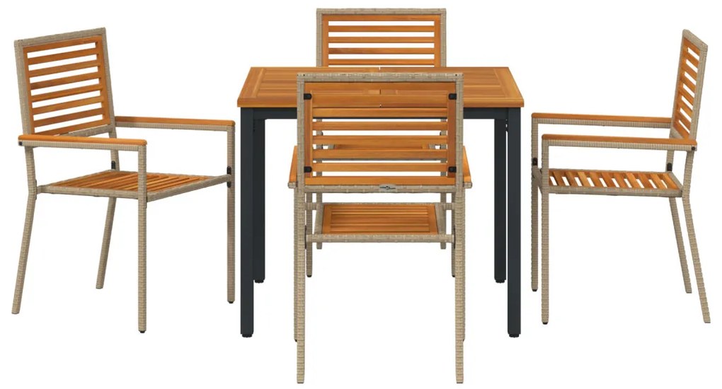 5 Darabos Kerti Étkezőkészlet Bézs Poli Rattan Akácia, Rakható Kerti Székek Párnával - 2-es Készlet Bézs Poli Rattanban, Kerti Asztal 90x90x75 cm Szilárd Akácfából és Fém
