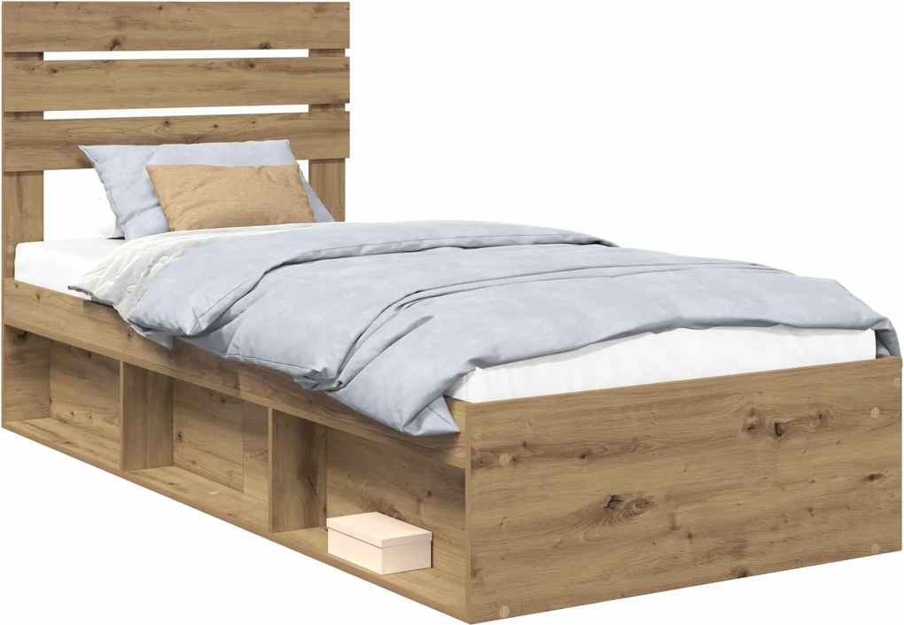 vidaXL Ágykeret fejtámlával Művészi tölgy 90 x 200 cm Tömör fenyőfa
