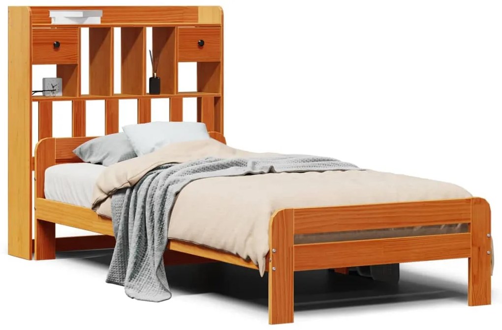 barna tömör fenyőfa könyvespolcos ágy matrac nélkül 75 x 190 cm