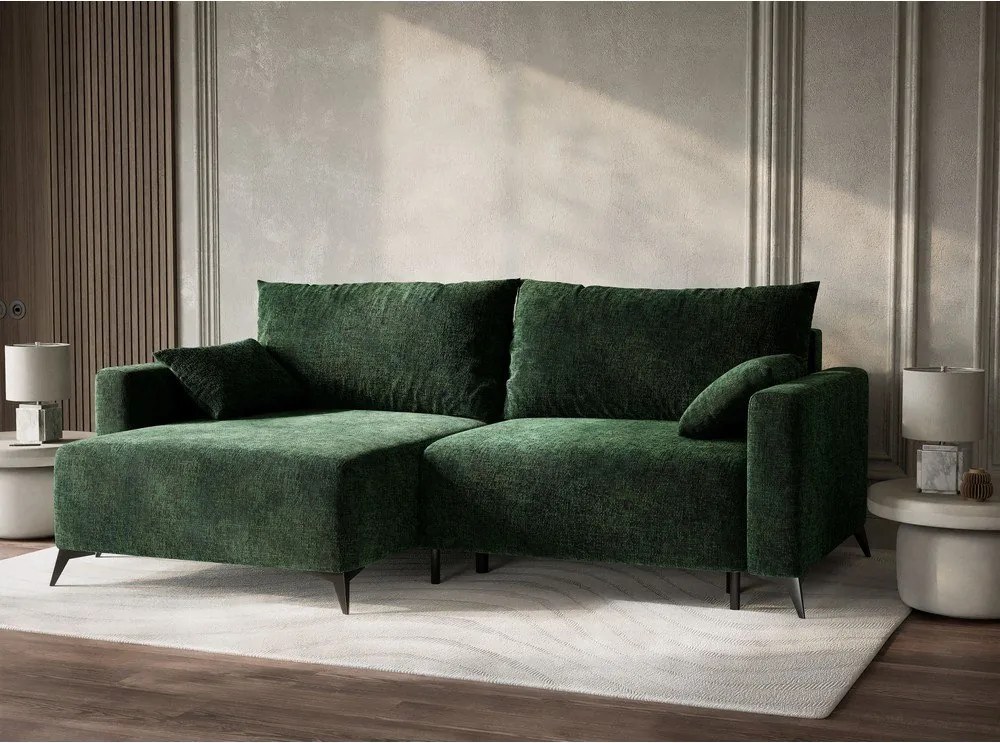 Sötétzöld zsenília kinyitható-tárolóhelyes sarokkanapé (bal oldali-heverő résszel) Leon – Maison de Rêve