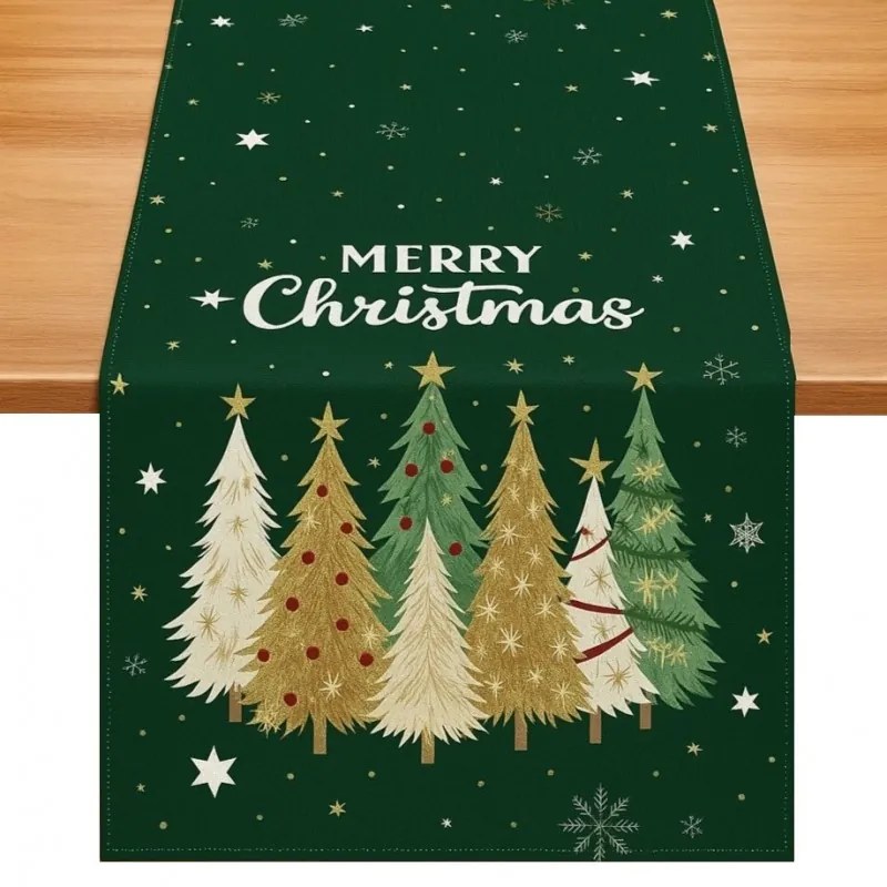Len karácsonyi futó STARLIT TREES 33x180 cm, zöld