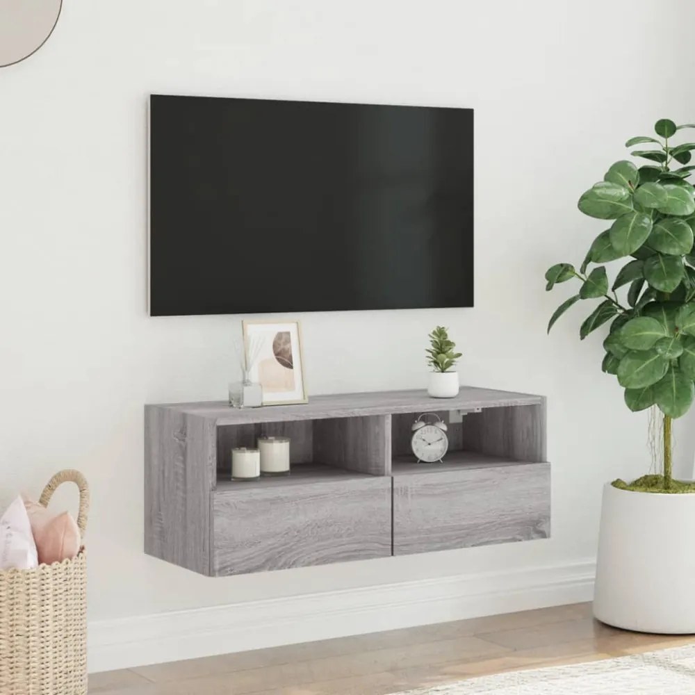 szürke sonoma színű szerelt fa fali TV-szekrény 80 x 30 x 30 cm