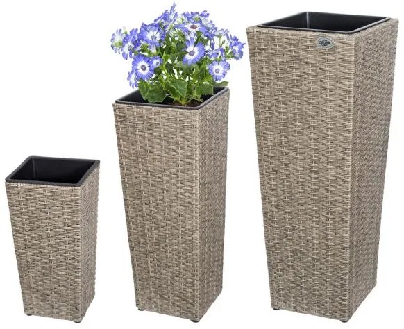 Deuba® 3 db polirattan virágcserep készlet - krémszínű