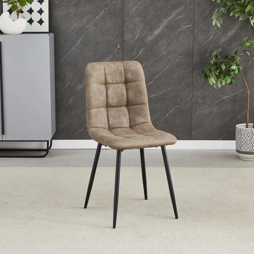 Scaun de sufragerie, material vintage maro, picioare metalice negre