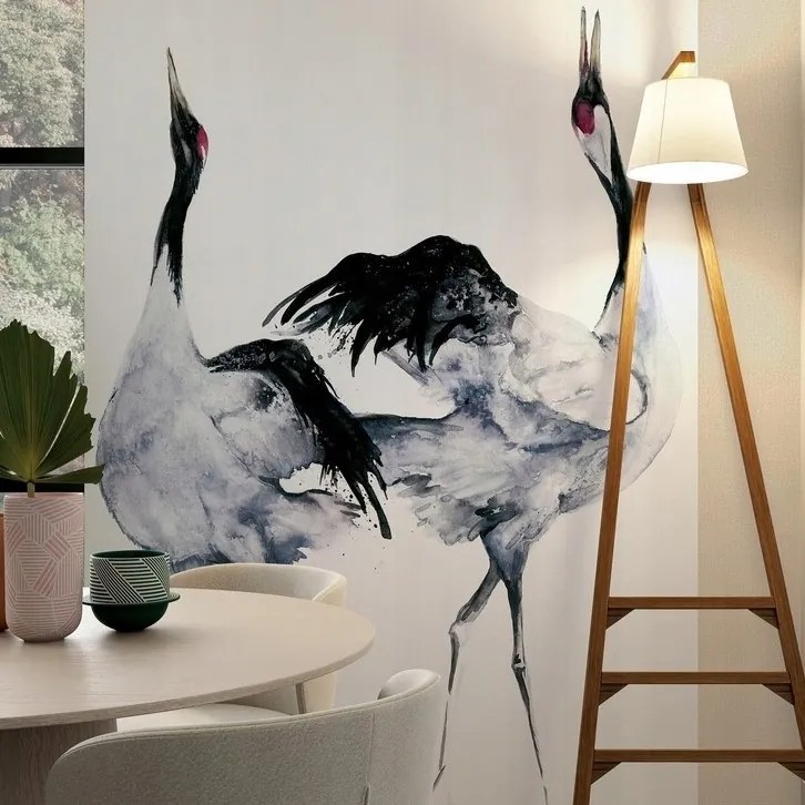 Falfestmény tapéta két daru világosszürke háttér