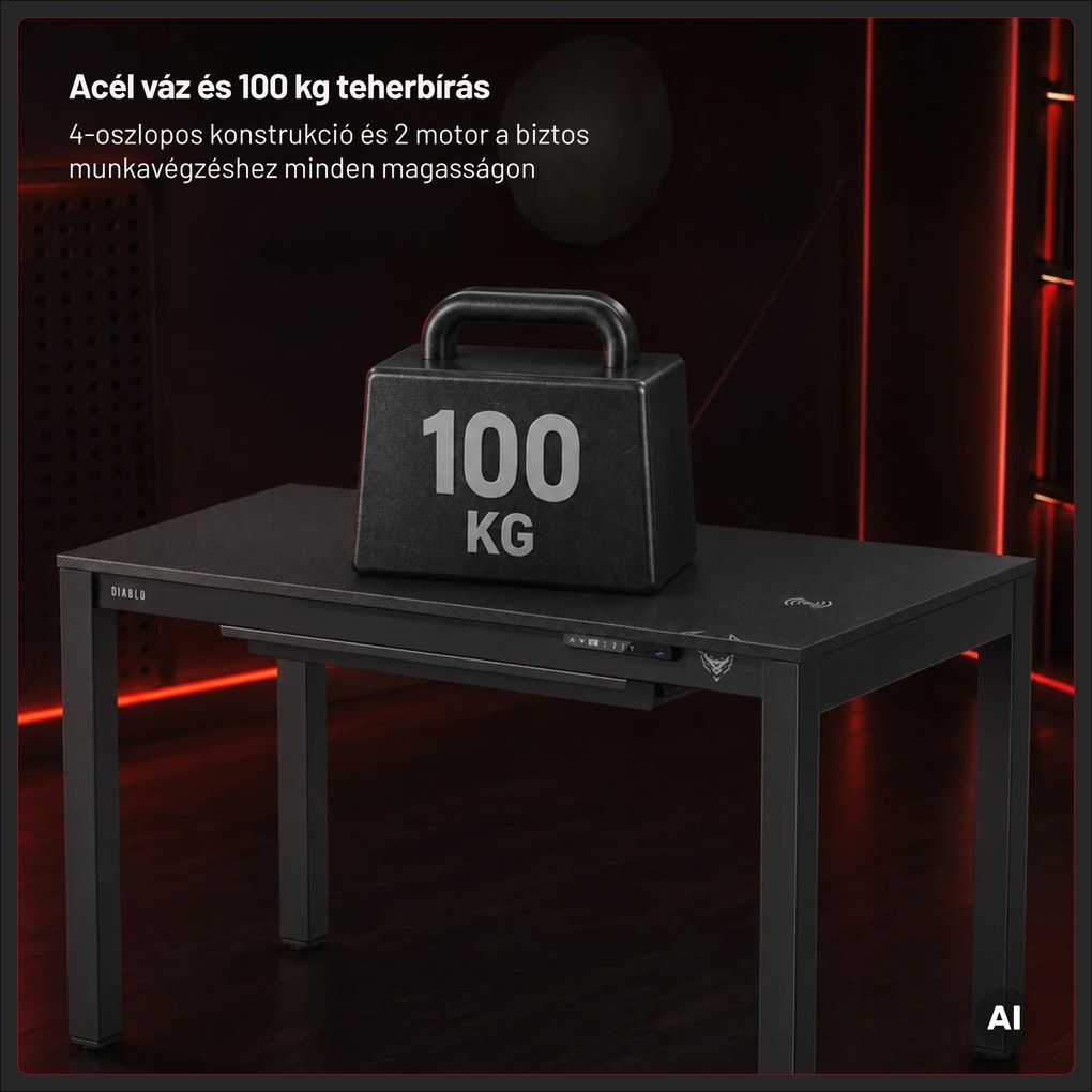 Gamer íróasztal elektromosan állítható, beépített vezeték nélküli QI töltő és USB: Diablo X-RIFT fekete