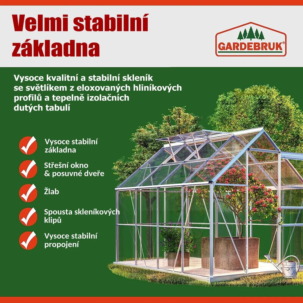 Gardebruk M4 polikarbonát kerti üvegház alappal, 250x190x195cm, átlátszó