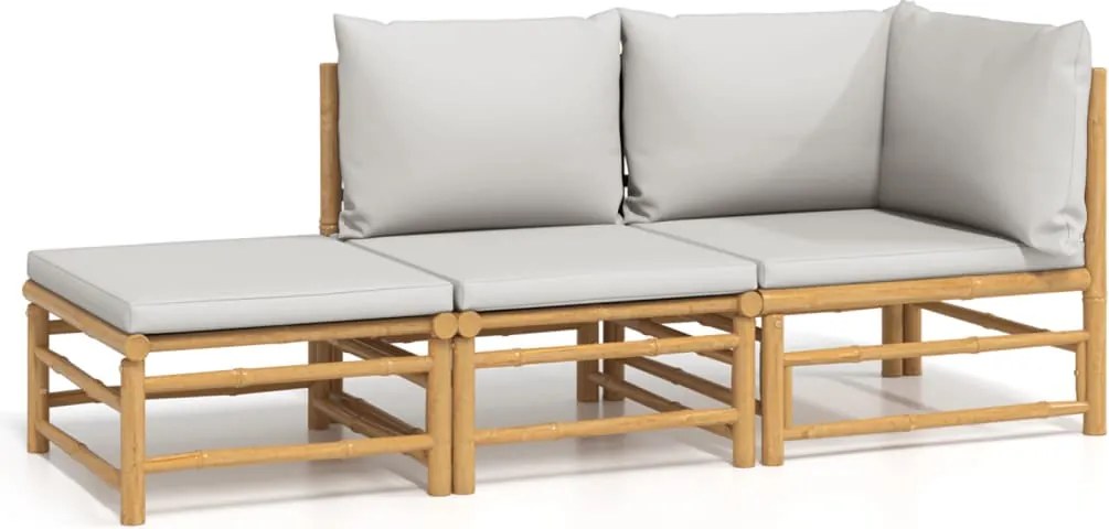 vidaXL 3 részes bambusz kerti ülőgarnitúra világosszürke párnákkal