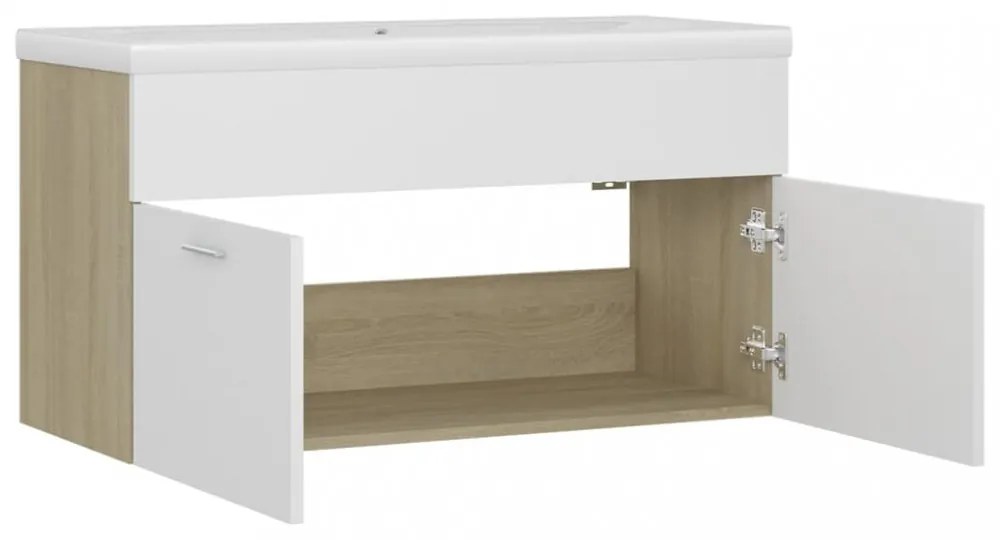fehér, tölgyszínű szerelt fa mosdószekrény beépített kagylóval