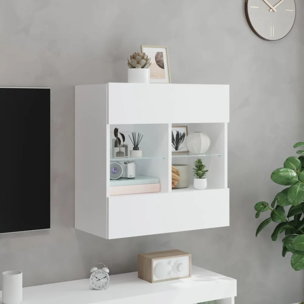 fehér falra szerelhető TV-szekrény LED-lámpákkal 58,5x30x60,5cm