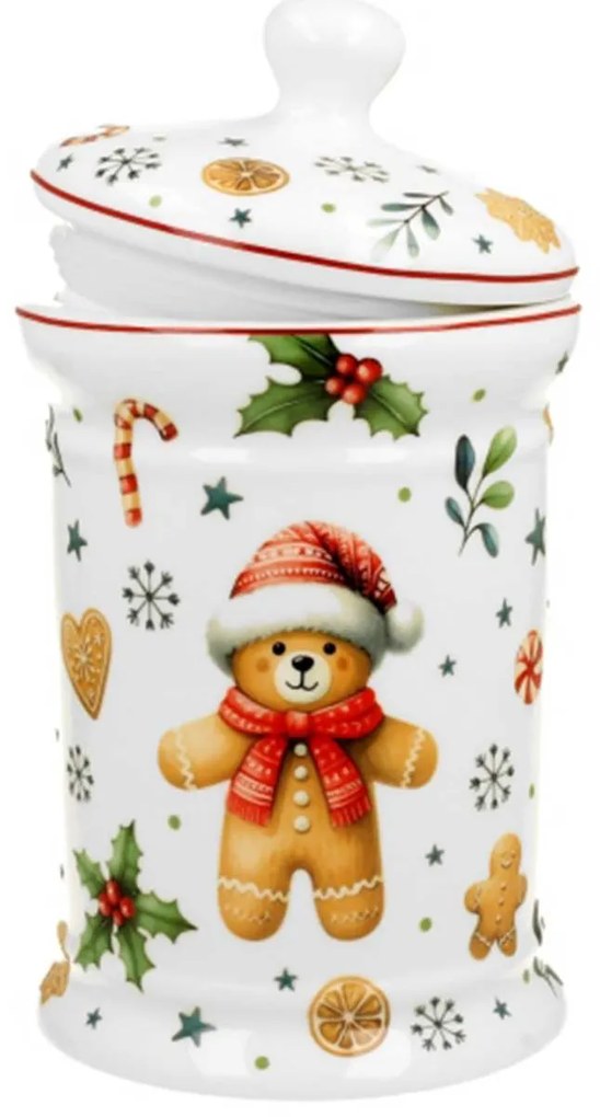 Karácsonyi porcelán keksztároló tetővel mézeskalács macis díszdobozban