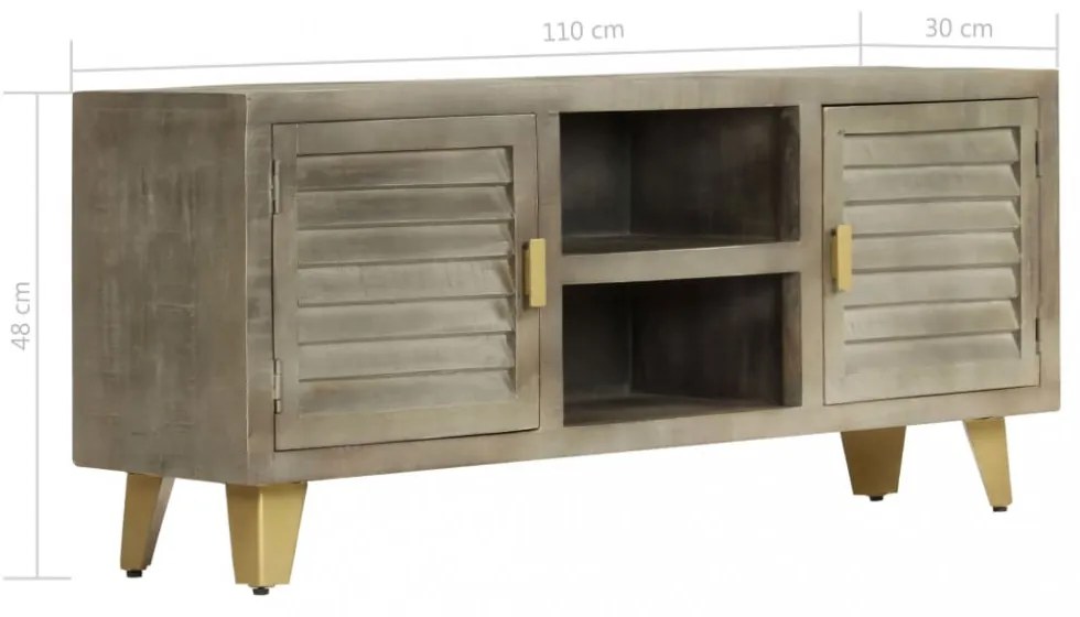 szürke tömör mangófa TV-szekrény sárgarézzel 110x30x48 cm