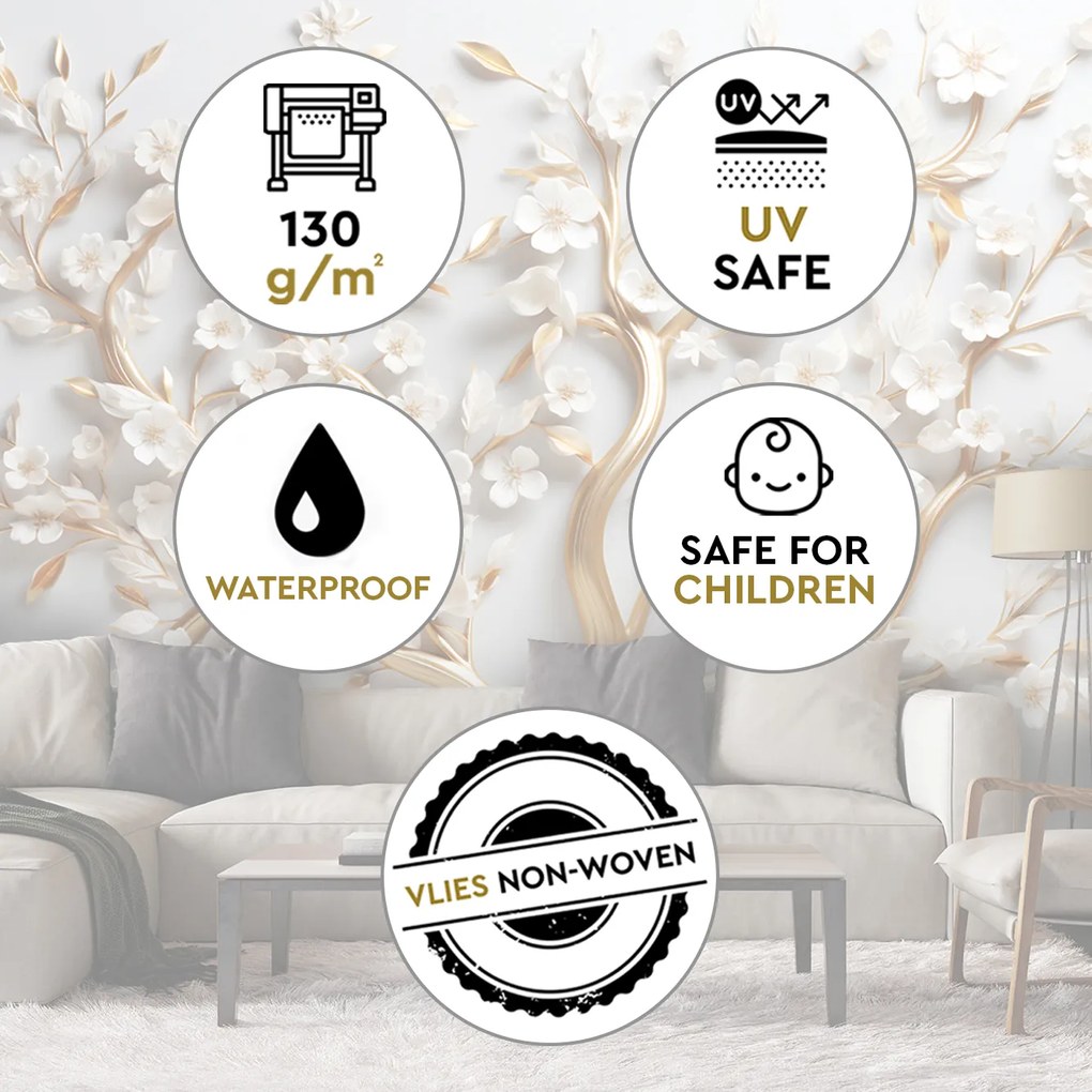 Gario Fotótapéta Fehér magnólia virágok arany ágakon Anyag: Vlies, Méret: 400 x 280 cm