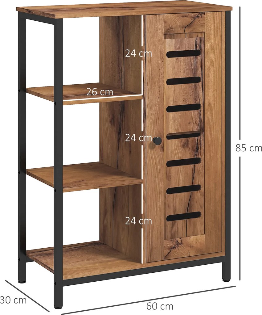 Kleankin Ipari Stílusú Fürdőszobabútor, Acél Váz, 3 Nyitott Polc, 2-szintes Szekrény, Rácsos Ajtó, 60 x 30 x 85 cm, Rusztikus Barna | Aosom