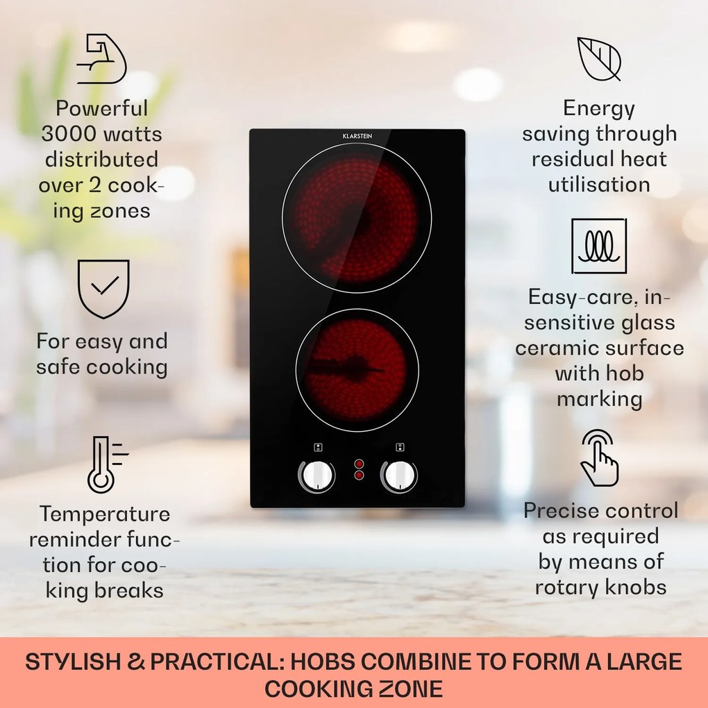 Klarstein EasyCook Domino, üvegkerámia főzőlap, 3000 W, forgó szabályozó, fekete