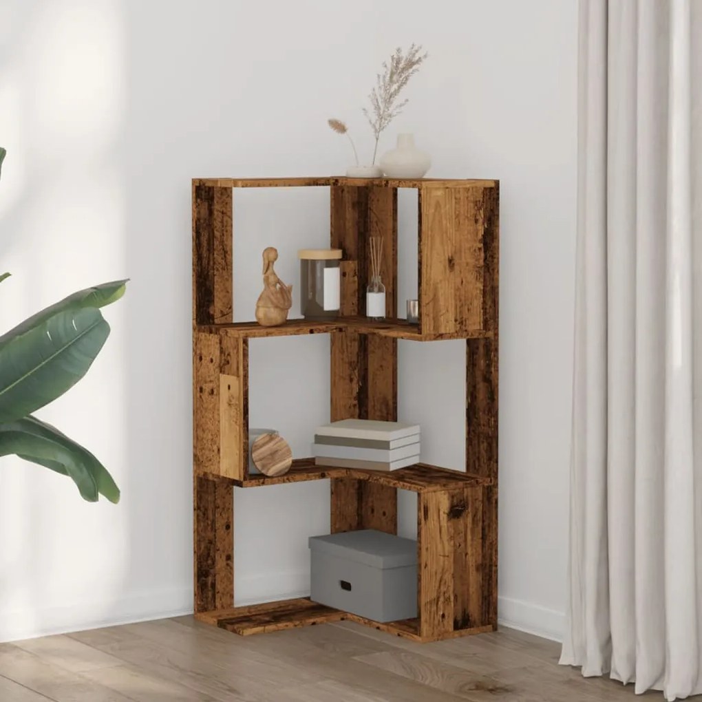 3 szintes antik fa szerelt fa sarok könyvespolc 50 x 50 x 102cm