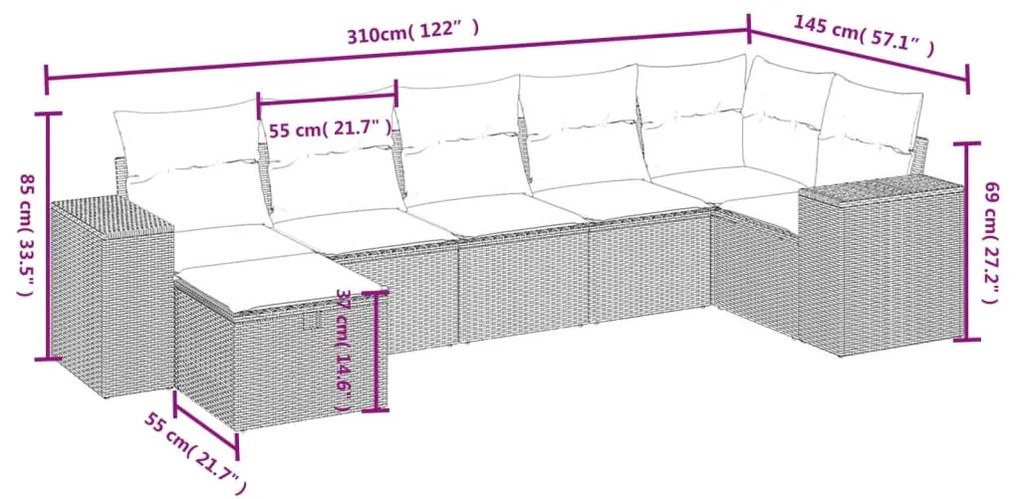 7 részes barna polyrattan kerti ülőgarnitúra párnákkal