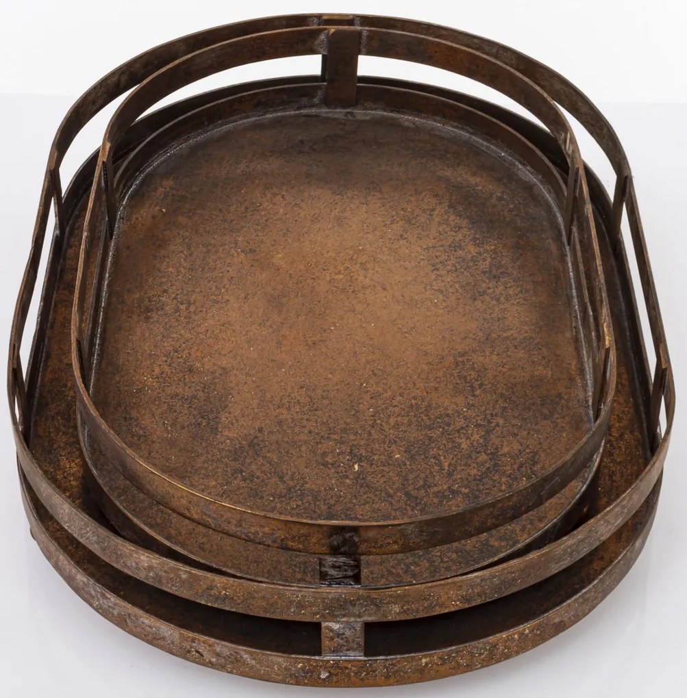 Ovális fogantyús koptatott bronz színű 2db-os fém tálca szett 6x40x26/6x35x22cm