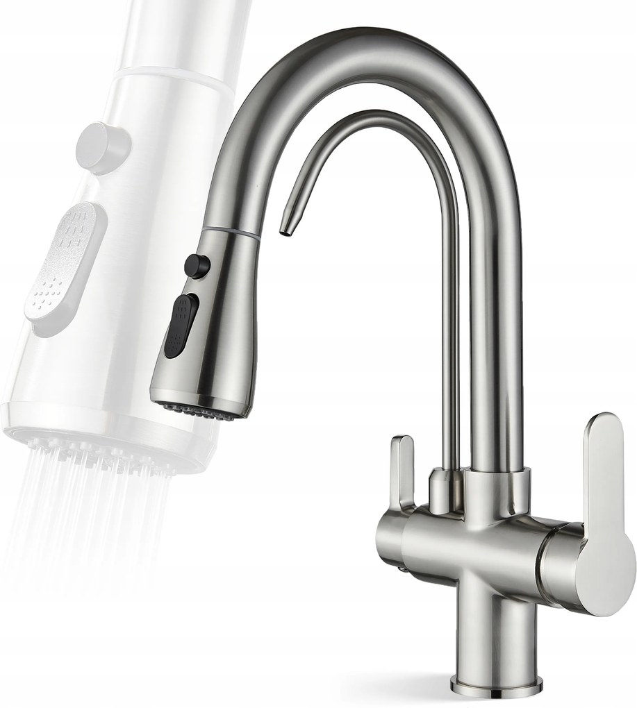 Háromutas konyhai csaptelep Trivium szűrőhöz Ezüst nikkel szálcsiszolt