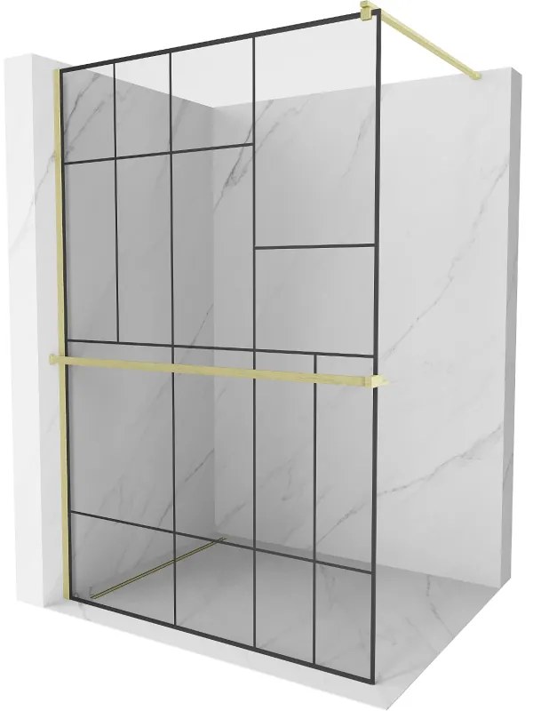 Mexen Kioto+, Walk-In zuhanyparaván polccal és akasztóval 130 x 200 cm, 8 mm átlátszó üveg fekete mintás, arany matt profil, 800-130-121-55-78