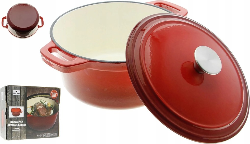 Öntöttvas Fazék Fedővel Szilárd Piros 3.5L