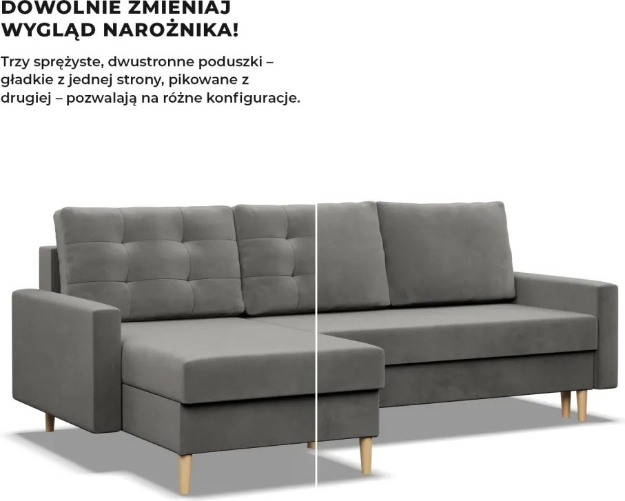 Etna sarokkanapé, 2 ágyneműtartóval, bársony, univerzális oldal, bonell töltet, világosszürke