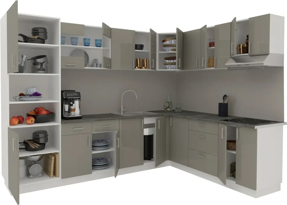 Karo V36 sarok konyhabútor 28 mm-es Thermo munkalappal, Fényes szürke / Fehér, MDF, 280 x 220 cm