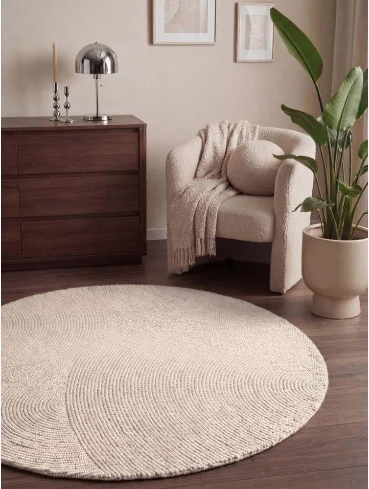 Világos natúr színű kézi szövésű gyapjú kerek szőnyeg ø 120 cm Calmio – Hanse Home