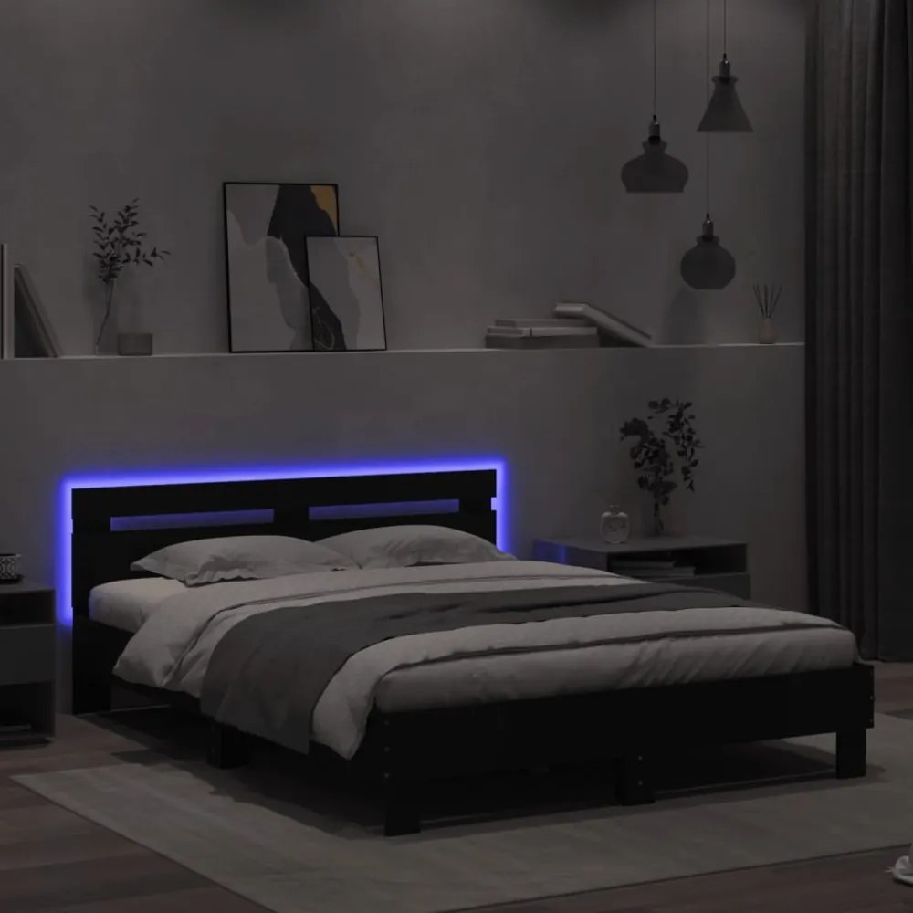 fekete ágykeret LED-es matrac nélkül 150 x 200 cm