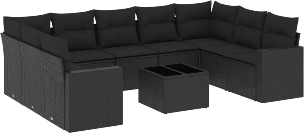 vidaXL 10 részes fekete polyrattan kerti ülőgarnitúra párnákkal