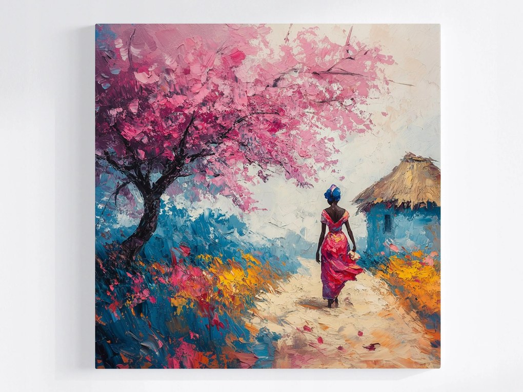 Poszter Tájkép Afrika Fa Virágok Nő Séta 40x40