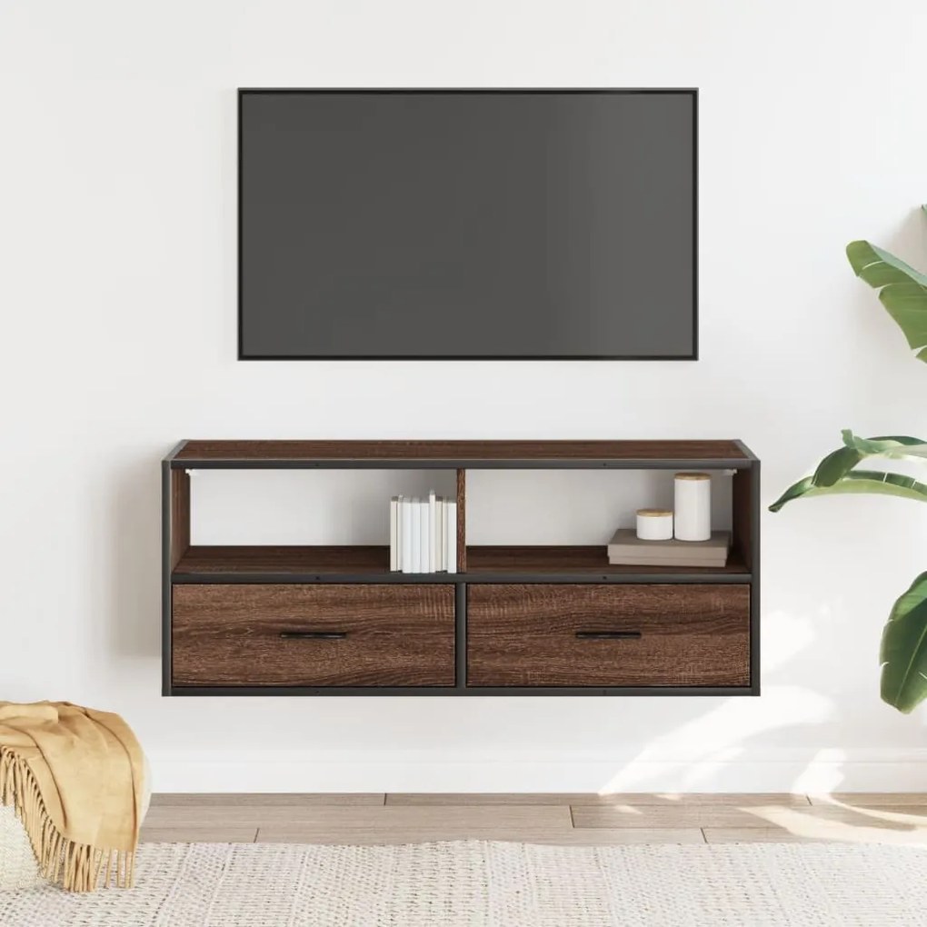 barna tölgy színű szerelt fa és fém TV-szekrény 100x31x39,5 cm