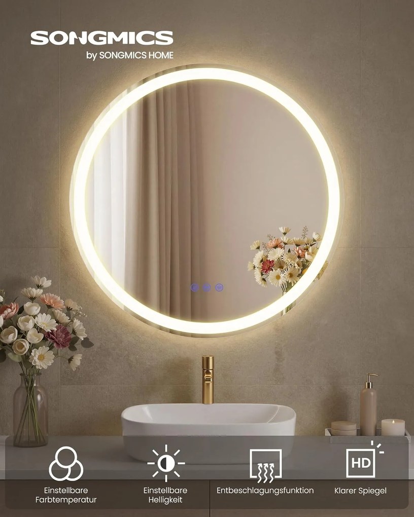 SONGMICS világító kerek fali tükör érintővezérléssel, 61 cm, felhőfehér