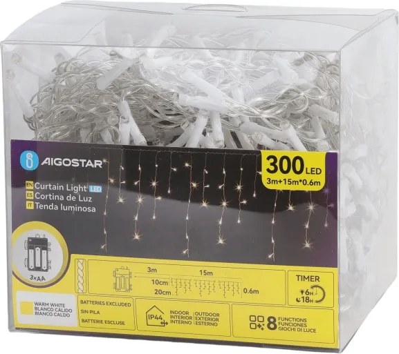 Aigostar - LED kültéri karácsonyi fényfüzér 300xLED/8 világítási mód 3xAA 18x06m IP44 meleg fehér